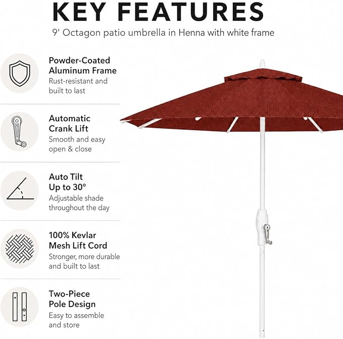 Treasure Garden 9ft Patio Umbrella - Outdoor Furniture Market Umbrella – Deluxe Auto-Tilt – White Aluminum Frame (Sunbrella, Henna)