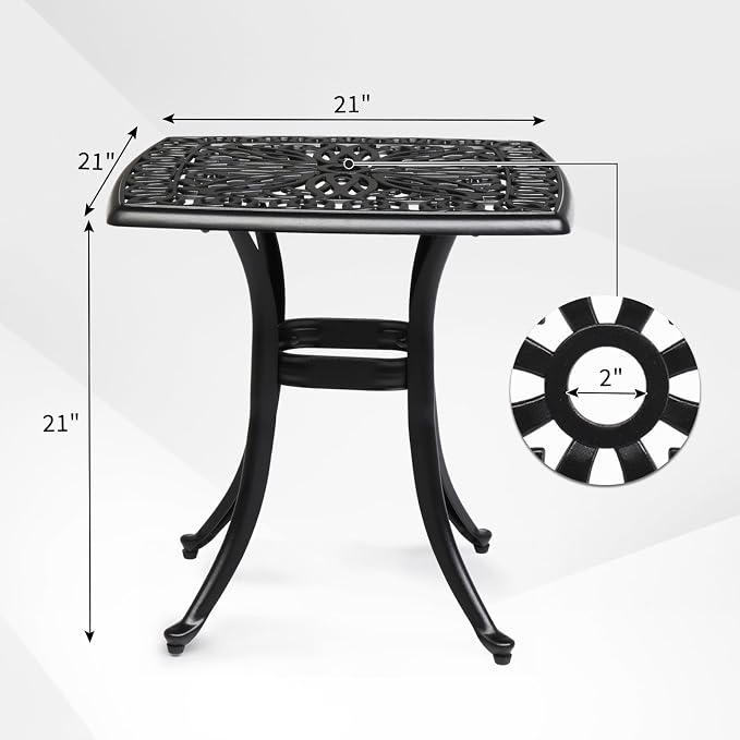 VINGLI 21" Cast Aluminum Outdoor Side Table with Umbrella Hole, All Weather Patio Side Table Bistro Table for Balcony, Yard and Porch (Black)