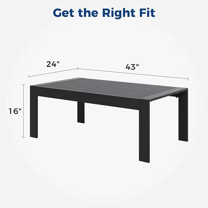 Wisteria Lane Aluminum Outdoor Furniture Patio Coffee Table, All-Weather Outdoor Metal Coffee Table, Modern Rectangle Coffee Table for Balcony, Garden, Black