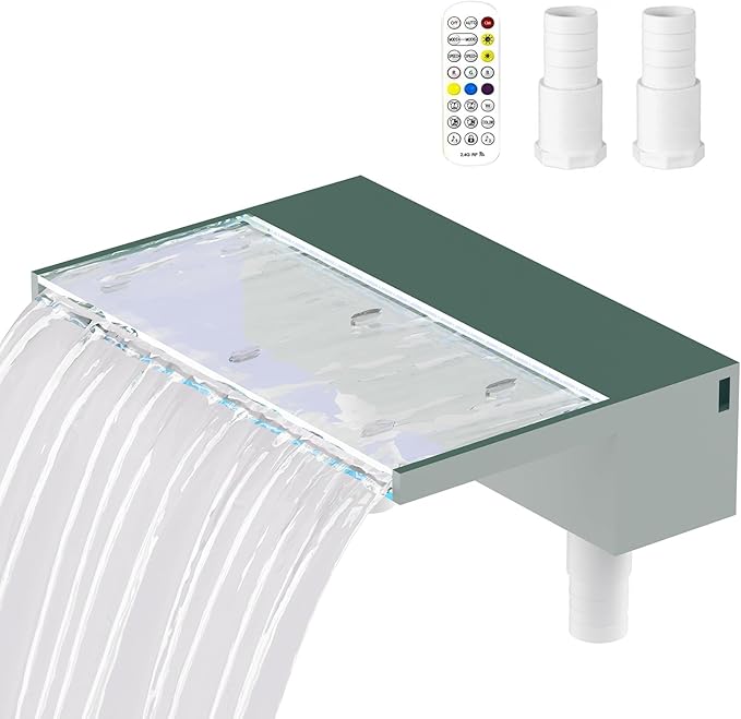 Acrylic Pool Fountain Waterfall with LED Lights - 11.8" LED Strip Remote Control with 18 Colors, Smooth Water Flow & Cascade Blade, Easy Installation for Outdoor, Garden, Patio & Ponds