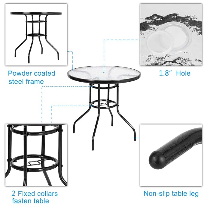 Patio Table, Outdoor Bistro Table w/Tempered Glass Top & Sturdy Metal Frame, Patio Dining Table Coffee Table for Garden, Balcony, Poolside Outdoor Table for Balcony 31.5" L x 31.5" W x 27.56" H