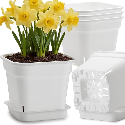 10 Inch Square Planters with Saucers - 5 Pack Large White Plastic Plant Pots with Raised Airflow Center & Corner Vents - Heavy Duty 5mm Thick Orchid Pots for Indoor Outdoor Vegetables & Trees
