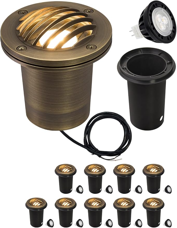 MALORY Brass Landscape Well Lights,(φ99 mm) 12V Low Voltage Outdoor In Ground Lights, Landscape Lighting with 7W 540LM MR16 for Pathway, Driveway (Full Brass -01B, 10-Pack with Bulb)