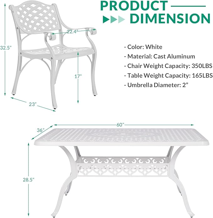 VIVIJASON 7-Piece Patio Furniture Dining Set, All-Weather Retro Cast Aluminum Outdoor Conversation Set, Include 6 Chairs and a Rectangle Table with Umbrella Hole for Balcony Lawn Garden, White