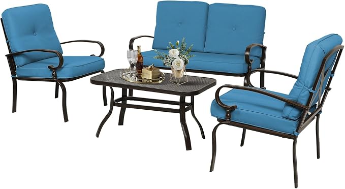 Oakcloud 4Pcs Metal Outdoor Furniture Patio Conversation Set (Loveseat and Coffee Table, 2 Dining Chair) -Wrought Iron Patio Chair Set with Cushions (Blue)