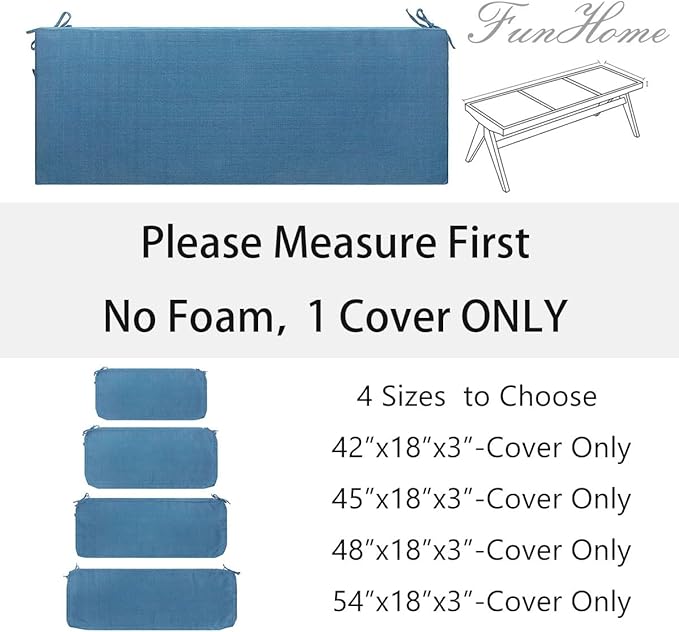 FUNHOME Outdoor Bench Cushion Cover 45 x18 x 3 inch,Water Resistant Cover with Zipper&Ties,Fade-Resistant Slipcover,Patio Porch Swing Cushion Cover Replacement Only,No Insert(Light Blue)