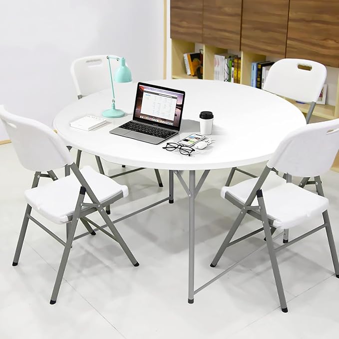 4FT Round Folding Table 48 Inch, Bifold Plastic Dining Table for Wedding, Party, Garden, Patio