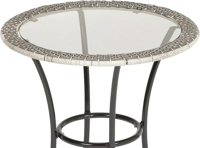 Four Seasons Courtyard 24 Inch Round Marbella Wicker Bistro Patio Table Portable Outdoor Backyard Deck Furniture with Glass Tabletop, Gray/Black