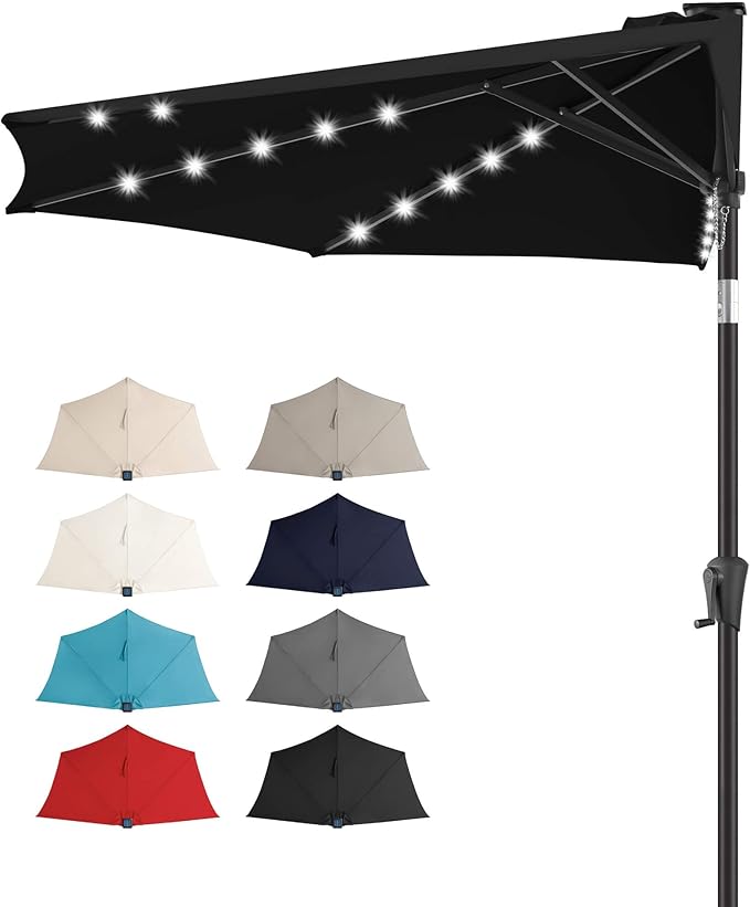 FLAME&SHADE 9 FT Solar Half Patio Umbrella with 25 LED Lights, Half Outdoor Umbrella with Button Tilt, Half Round Table Umbrella For Deck, Backyard, Balconies, Decks, Rvs, UV Protection (Black)