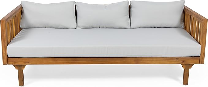 Christopher Knight Home Charm Patio Conversation Set, 3 Seater Acacia Wood Sofa, Spacious Seating Daybed, Wood Coffee Table, Round Side Table, Outdoor Furniture for Backyard Garden Rest, Light Gray