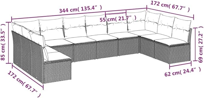 10 Piece Patio Sofa Set with Cushions, Sectional Sofa Garden Lounge Set Patio Conversation Set Outdoor Dining Sets for Poolside Garden Negotiation Area Exhibition Black Poly Rattan