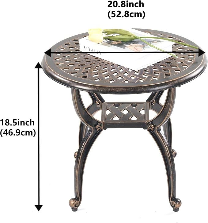 Round Outdoor Coffee Table, Cast Aluminum Side Table with Storage,Indoor End Table, All-Weather Bistro Table for Patio Garden Lawn,Bronze