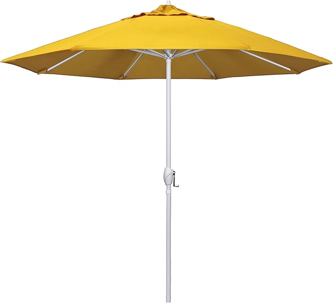 California Umbrella 12-Year Protection 9' Rd Aluminum Patio Umbrella, Crank Lift, Auto Tilt, White Finish, Sunbrella Sunflower Yellow
