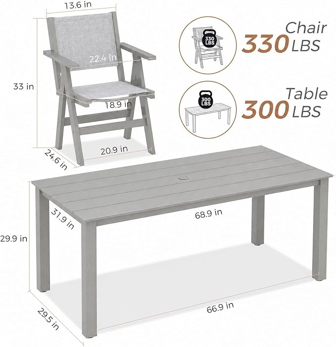 7-Piece Patio Dining Table Set, 69" Rectangle HDPE Outdoor Table & 6 Textilene Chairs Set with 2" Umbrella Hole, Wood-Look Finish, All-Weather Dining Set for Backyard, Poolside, Light Gray