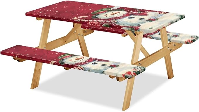 Snowman Picnic Table Cover with Bench Covers, Beach Waterproof Christmas Outdoor Table Cover, Picnic Table Covers with Elastic Suitable for Xmas Decoration