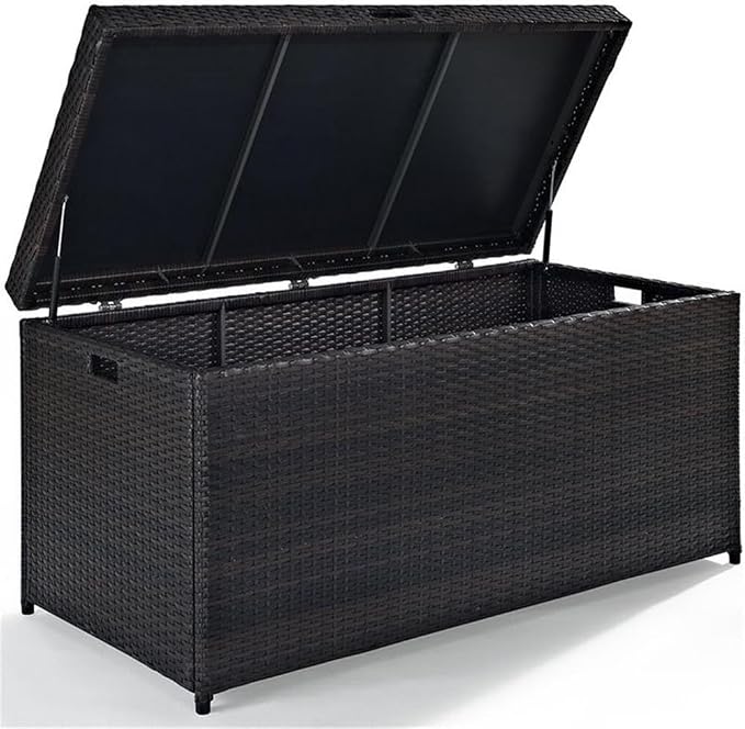 Pemberly Row Outdoor Storage Bin, 52 in x 25 in x 24.5 in, PE Wicker/Rattan and Steel, Brown Finish, UV-Resistant, Pneumatic Hinges, All-Weather Design, Ideal for Cushions and Garden Essentials