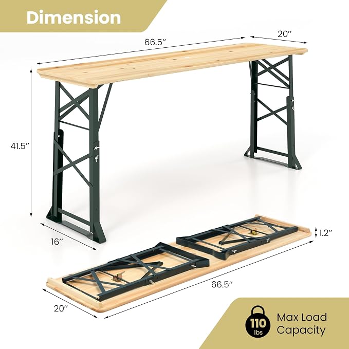 Giantex Folding Picnic Table, 66.5” Outdoor Patio Beer Table with Adjustable Heights, Rectangular Wood Portable Dining Table for Camping, RV, Garden, Party, Backyard, Natural