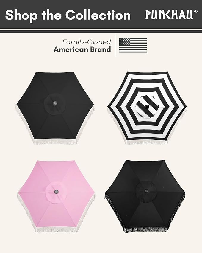 6 Ft Fringe Patio Umbrella - Outdoor Umbrella for Patio, Pool, Table, Garden, & Deck, Push Button Tilt Pole - Fashionable Vintage Tassels - White