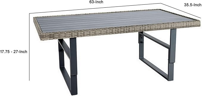 Benjara Foca 63 Inch Outdoor Rectangular Dining Table, Adjustable Height, Wicker