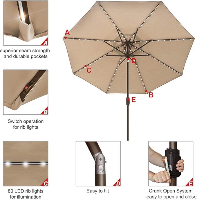 EliteShade USA 10-Year-Non-Fading 9ft Market Patio Umbrella, Commercial Grade Table Sun Umbrella with 80 Solar LED Lights, Crank Open, Windproof & UPF 50+ UV Protection for Garden, Deck, Pool, Backyard, Heather Beige