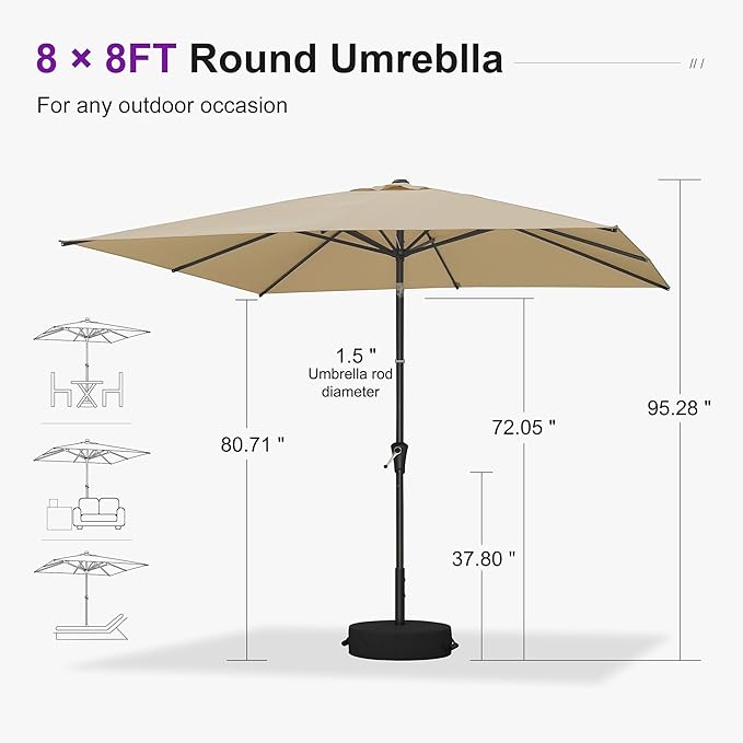 PURPLE LEAF 8' x 8' Square Patio Umbrella Outdoor Table Umbrella Aluminum Frame Market Umbrella with 8 Sturdy Ribs & Tilt for Garden Deck Lawn Pool Beige