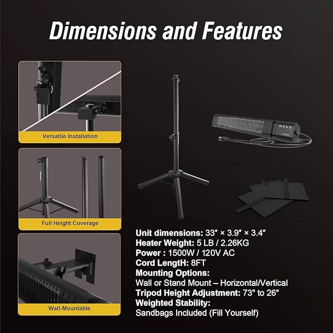 PowerScale Outdoor Heaters for Patio Electric with Tripod Stand, 1500W Infrared Electric Patio Heater, IP65 Rated, 4 Heat Levels & 24H Timer with Remote, For Covered Outdoor/Indoor & Spot Heating