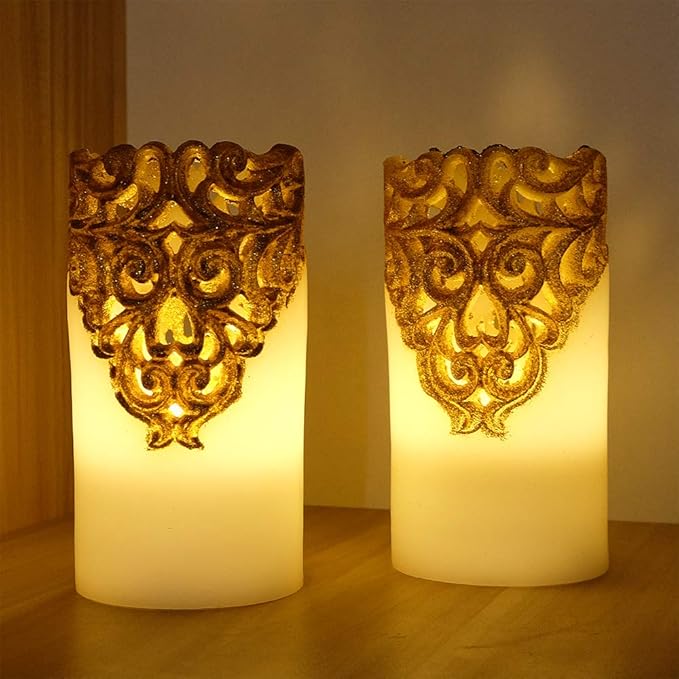 DRomance Hollow Gold Flameless Flickering Candles with 5H Timer, Battery Operated LED Pillar Candles Unscented Wax Warm Light Christmas Home Decoration(Set of 2, 3 x 6 Inches)