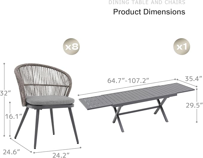 SUNSITT 9 Piece Outdoor Patio Dining Set, 65" - 107" Metal Expandable Outdoor Dining Table with X-Shape Legs, 8 Woven Wicker Outdoor Patio Chairs w/Removable Cushions for Garden, Dark Grey
