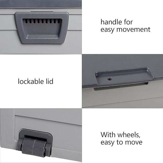 SSLine Outdoor Storage Deck Box, 75 Gallon Capacity Plastic Patio Garden Tool Organizer with Wheels, 44 x 19.3 x 21.3 inches (Grey)