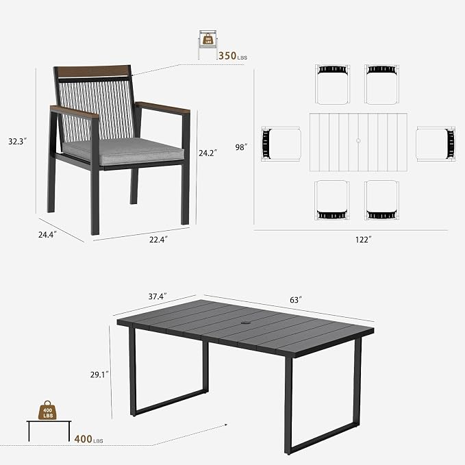 7-Piece Patio Dining Table and Chair Sets, Outdoor Metal Dining Furniture Set with Umbrella Hole, 6pcs Patio Chairs with Cushions for Backyard, Deck