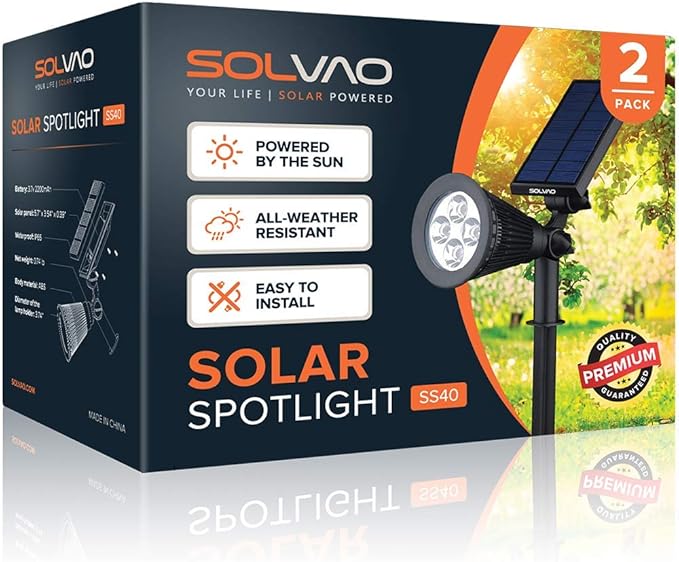 SOLVAO Solar Spot Light | Ultra Bright, All-Weather-Resistant, Waterproof | Auto On/Off Sensor, Adjustable 270° | Rechargeable LED for Outdoor, Driveway, Garden, Landscape, Wall, Fence, Yard | 2 Pck