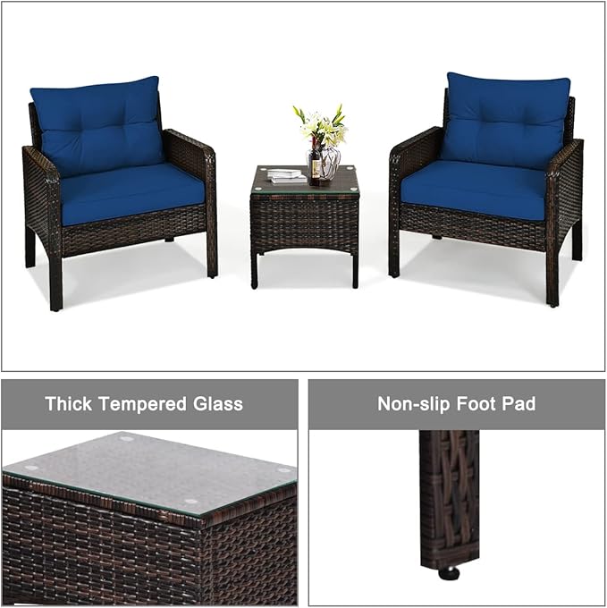 HAPPYGRILL 3 Piece Patio Conversation Set Outdoor Rattan Wicker Furniture Set with Coffee Table & Chairs Patio Bistro with Seat Cushions for Garden Balcony Backyard Poolside