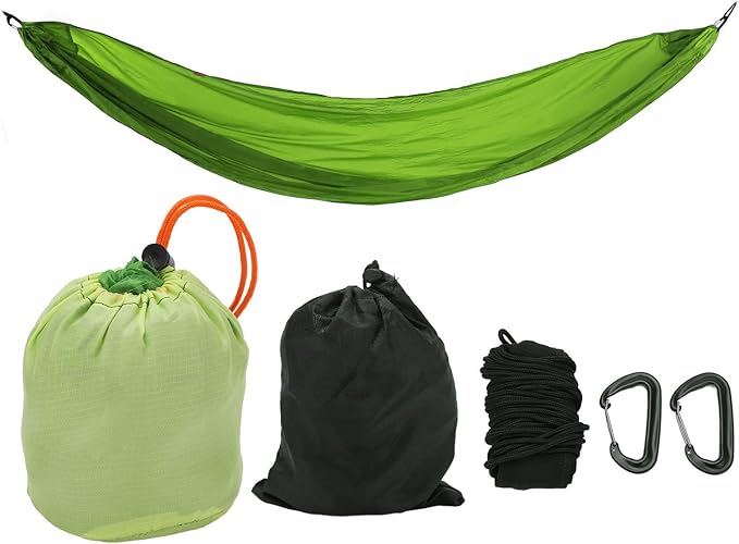 Portable Parachute Camping Hammock, Lightweight Outdoor Hammock with Aluminum Snap Hooks and Storage Bag for Hiking, Travel, and Picnics, 200kg Load Capacity (Grass Green)