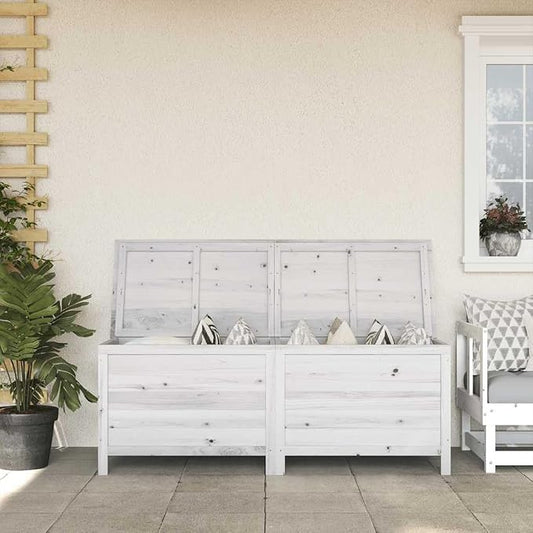 Garden Storage Box Outdoor White Solid Fir Wood 59.1 x 19.7 x 22.2 in Weather Resistant Deck Box for Patio Furniture and Pool Toys Storage