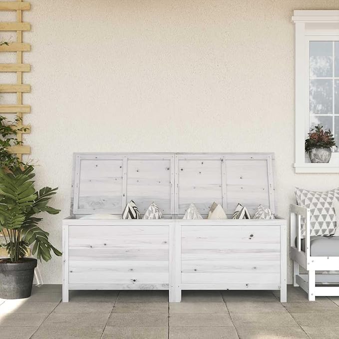 White Solid Fir Wood Garden Storage Box 59.1 x 19.7 x 22.2 in, Weather Resistant Outdoor Organizer with Flap Closure for Cushions Toys and Garden Gear, Durable