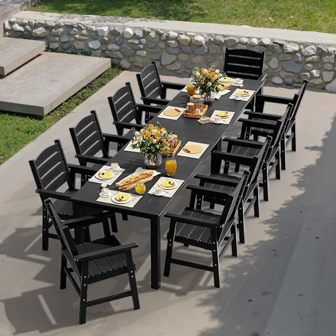 YEFU Patio Dining Sets HIPS: 12-Piece Outdoor Table and Chairs with Umbrella Hole - Modern Outside Furniture Plastic Patio Dining Set for 10 with Metal Aluminum Frame for Family with Deck/Pool Black