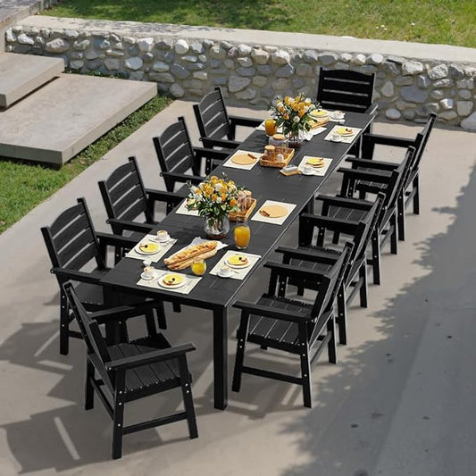 YEFU Patio Dining Sets HIPS: 12-Piece Outdoor Table and Chairs with Umbrella Hole - Modern Outside Furniture Plastic Patio Dining Set for 10 with Metal Aluminum Frame for Family with Deck/Pool Black