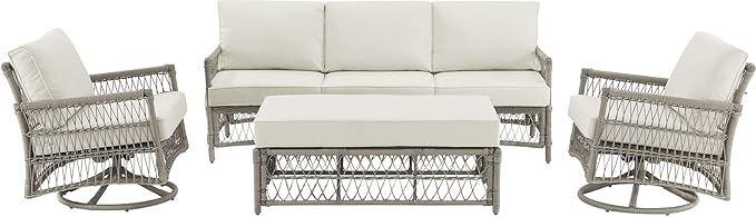 Crosley Furniture Thatcher 4-Piece Outdoor Sofa and Table Patio Furniture Set, Wicker Conversation Sets for Porch, Driftwood with Creme Cushions