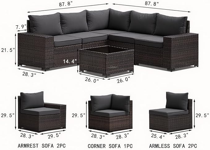 7 Pieces Outdoor Patio Furniture Sets,Wicker Conversation Set Sectional Sofa,Includes 6 All-Weather High Back PE Rattan Seating Components w/Thickened Cushions&Coffee Table,Gray