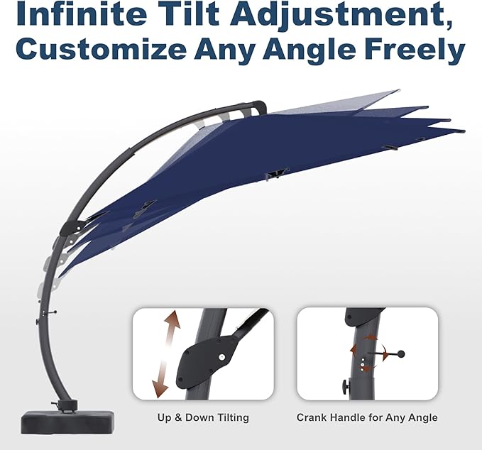 11FT Cantilever Umbrella with Base Large Curvy Outdoor Aluminum Offset Umbrella w/ 360° Rotation, UV Resistant Canopy for Patio, Garden, Backyard, Navy Blue