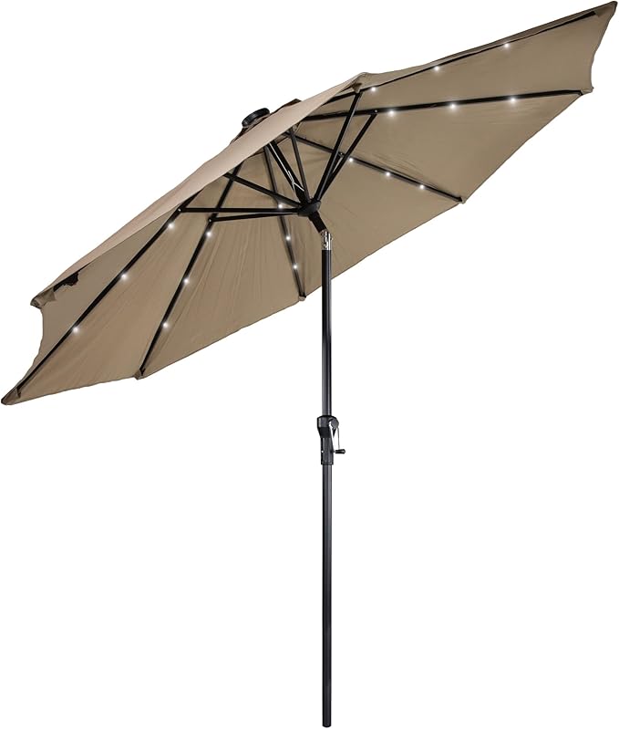 Northlight 9ft Solar Lighted Outdoor Patio Market Umbrella with Hand Crank and Tilt, Taupe