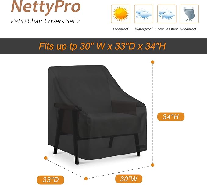NettyPro Patio Adirondack Chair Cover Waterproof Outdoor Furniture Swivel Recliner Rocking Lounge Deep Seat Chair Cover, Fits up to 30"W x 33"D x 34"H, 2 Pack, Black