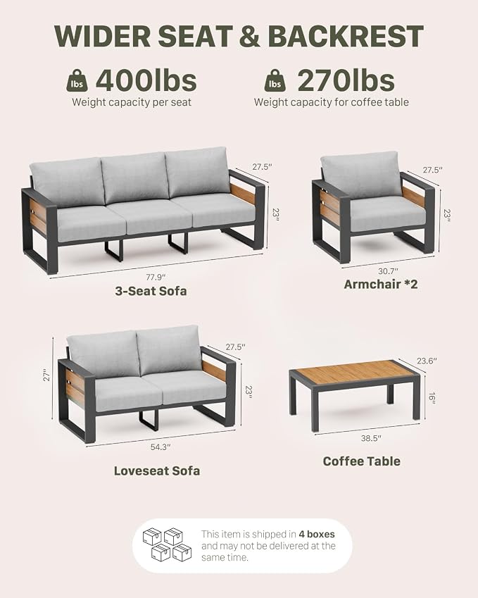 ZANDOR Aluminum Outdoor Patio Furniture Set with Coffee Table, 5 Seats Patio Conversation Sets with Washable Thick Cushions, Outdoor Sectional for Porch, Backyard, Deck, Garden & Poolside, Grey