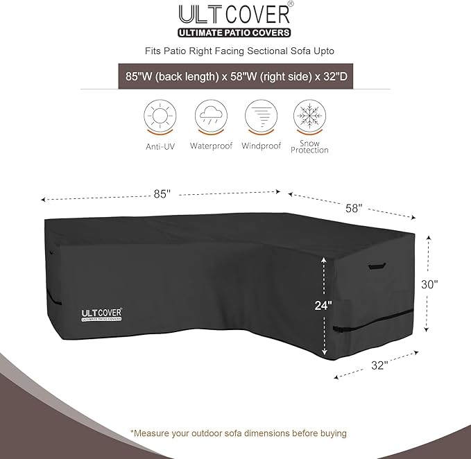 ULTCOVER Patio L-Shaped Right Facing Sofa Cover Waterproof for 4-Seater Outdoor Sectional Furniture Couch 85”W (Back Length) x 58”W (Right Side), Black