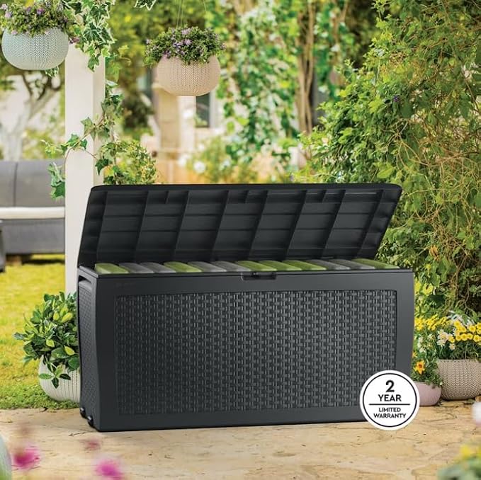 Large Resin Deck Box, 70 Gal Outdoor Storage, Rattan Style, Lockable with Wheels, (Grey, 46" L x 22.4" W x 17.7" H)