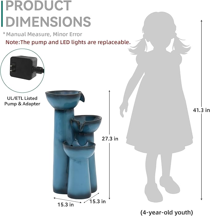 27" Outdoor Water Fountain with LED Lights, 3-Tier Cascading Faux Ceramic Column Water Feature with Pump for Garden Patio Backyard, Weather-Resistant Resin Waterfall for Serene Oasis, Blue