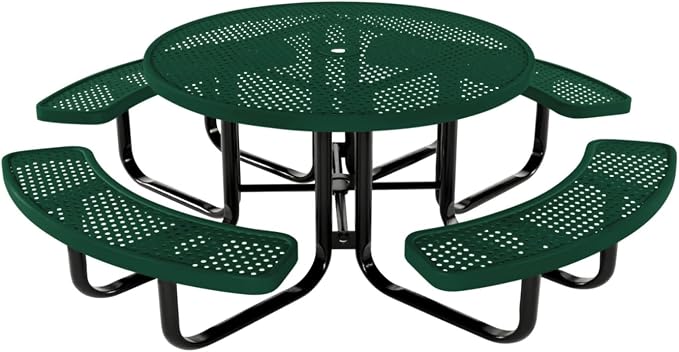 COATEDOUTDOORFURNITURE Heavy-Duty Portable Outdoor Kids Table with Umbrella Hole, Punched Steel Kids Picnic Table, Commercial-Grade, Made in America (46 in, Round, Childrens, Textured Green)