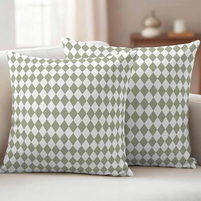 Outdoor Throw Pillow Cover Modern Sage Green White Check Waterproof Cushion Covers 2 Pack Abstract Buffalo Plaid Pillow Cases Home Decoration for Patio Garden Couch Sofa