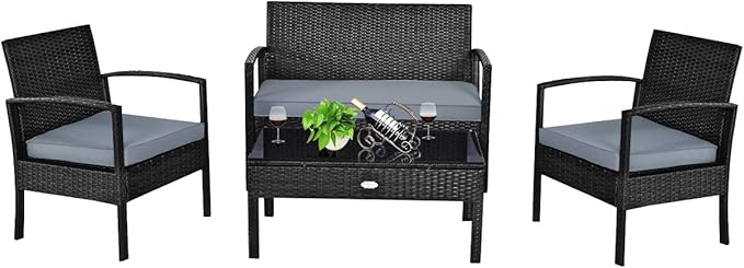 COSTWAY 4PCS Patio Rattan Furniture Set, Outdoor Wicker Conversation Set with Tempered Glass Coffee Table, Seat Cushions, Ideal for Poolside Balcony Porch Backyard