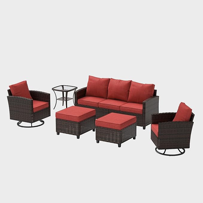 UDPATIO Patio Furniture Swivel Rocking Chair Sets, 6 Pieces Outdoor Conversation Sectional Furniture, Wicker Rattan Sofa with 2 Ottomans 1 Side Table for Garden Poolside Backyard, Wine Red Cushion